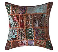 Kraft House Creations Indian Cotton Vintage Fabric Patchwork Scatter Cushion Covers 60X60 cms Brown Bohemian Large 24X24 Inch Embroidered Square Living Room Floral Throw Pillow Cases