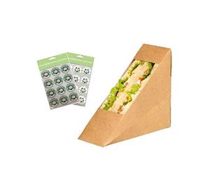 Kraft Recyclable Cardboard Sandwich Wedge - Cafe Takeaway Box Packs - Standard Fill Wedges with Seal Stickers (30)
