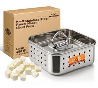 Kraft Stainless Steel Paneer Maker Mould Press 450ml | Square Paneer & Tofu Press with Lid | Whey Separator | Rust-Proof Food-Grade | Sprout Maker | Homemade Paneer, Tofu & Cheese | Medium Size - 350g