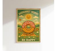 Kraft Topper Doughnut Worry Be Happy Poster Print - Retro 1950s Cartoon Style Wall Art Featuring Meditating Doughnut | Fun Mid-Century Pop Illustration for Kitchen, Café & Home Décor (A3)