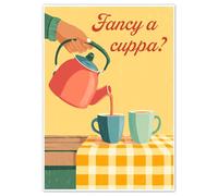 Kraft Topper Fancy a Cupp? Retro Tea Poster Print - Mid Century Kitchen Wall Art, Cosy British Tea Illustration, Vintage Teapot and Mug Artwork for Home, Café, or Gift - Unframed (A3)