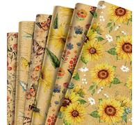 Kraft Wrapping Paper 12 Sheets 6 Designs Vintage Insects Sunflower Bouquet Wrapping Paper, Retro Flower Wrapping Papers for Women Birthday Wedding Anniversary Halloween Christmas 27 × 20 Inch