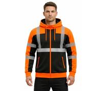 kraftd Hi Vis Hoodie for Men Reflective Striping Safety Zipper Jacket Hi Viz Sweatshirt Hooded Full Sleeves Fleece Lining High Visibility Workwear (Black/Orange, L)