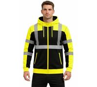 kraftd Hi Vis Hoodie for Men Reflective Striping Safety Zipper Jacket Hi Viz Sweatshirt Hooded Full Sleeves Fleece Lining High Visibility Workwear (Black/Yellow, L)