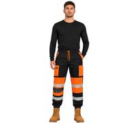 kraftd Mens Hi Vis Trousers Work Utility & Safety Trouser Reflective Tape | Two Tone High Visibility Jogging Bottoms, Combat Side Pocket Workwear Joggers for Construction (Black/Orange, L)