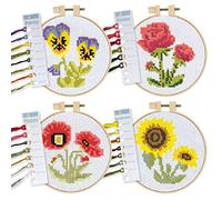 Kraftex Stamped Cross Stitch Kits for Beginners (Flower Theme - 6.75 Inch - 4 Pack 1 x Embroidery Hoop) Embroidery Needlepoint Patterns for Adults, Includes Poppy, Rose, Sunflower and Pansy