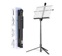 KraftGeek Portable Folding Music Stand, Adjustable Height Up 66", Adjustable Music Tray with Page Holder Clips, No Assembly Required, Compact Sheet Music Stand for Musicians and Instrument Players