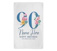KRAFTYGIFTS Personalised Birthday Tea Towel Floral Milestone Age Kitchen Cloth Cotton Hand Towel 40th 50th 60th 70th 80th 90th Birthday Gift Flowers For Mum (90th Birthday)