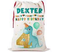 KRAFTYGIFTS Personalised Boys 4th Birthday Present Sack Childrens Dinosaur Party Bag Custom Name Gift Bag Cute KBB11 (Small)