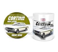 KRAFTYGIFTS Personalised Ford Cortina Lotus Mug & Coaster Round Classic Car Coffee Tea Cup & Drink Mat Retro Garage Dad Grandad Mechanic Birthday Gift for Him CLC11