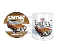 KRAFTYGIFTS Personalised Ford Cortina MK3 2000 GXL Mug & Coaster Round Classic Car Coffee Tea Cup & Drink Mat Retro Garage Dad Grandad Mechanic Birthday Gift for Him CLC12