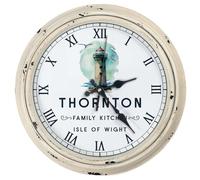 KRAFTYGIFTS Personalised Lighthouse Wall Clock Seaside Beach Round Glass Decorative Beach House Ocean Kitchen Decor Custom Gift Light House KRC101 (Cream)