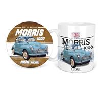 KRAFTYGIFTS Personalised Morris Minor 1000 Mug & Coaster Round Classic Car Coffee Tea Cup & Drink Mat Retro Garage Dad Grandad Mechanic Birthday Gift for Him CLC39