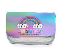KRAFTYGIFTS Personalised Pencil Case Glitter Rainbow Girls Holographic Stationary Bag Back to School Gift - Shiny Silver KS125