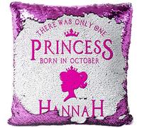 KRAFTYGIFTS Personalised PRINCESS BORN IN Magic Cushion Reveal Cover Pink Sequin Pretty (October)