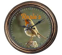KRAFTYGIFTS Personalised Robin Kitchen Clock Round Hanging Glass Wall Clock Family Name Home British Wildlife Gift KRC74 (Bronze KRC74)