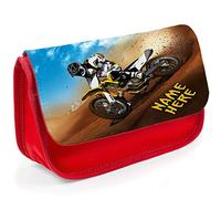 KRAFTYGIFTS Personalised School Pencil Case Dirt Bike Motocross Stationary Bag Boys ST512 (Red)