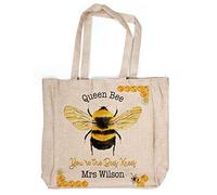 KRAFTYGIFTS Personalised Teacher Bag Large Bumblebee Tote Canvas Shoulder Bag Ladies Grocery Carry Bag Cotton Reusable Eco-Friendly Teaching Assistant TA Shopping Bag Gift for Women KTT03