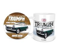 KRAFTYGIFTS Personalised Triumph Herald Saloon Mug & Coaster Round Classic Car Coffee Tea Cup & Drink Mat Retro Garage Dad Grandad Mechanic Birthday Gift for Him CLC51