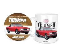 KRAFTYGIFTS Personalised Triumph Stag Mug & Coaster Round Classic Car Coffee Tea Cup & Drink Mat Retro Garage Dad Grandad Mechanic Birthday Gift for Him CLC53