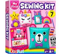 KRAFUN Beginner Sewing Kit for Kids Ages 5+, 7 DIY Projects | Easy felt projects: dolls, pillows & bags. Safe plastic needle, pre-punched fabric & instructions included