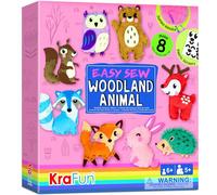 KRAFUN Easy Sewing Kit for Kids, Beginner Crafts with 8 DIY Stuffed Dolls (Bear, Bunny, Fox, Owl), Felt Materials, Instructions, Embroidery Supplies, Pre-Punched Fabric, Gift for Girls & Boys
