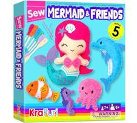KRAFUN Mermaid Sea Animals Sewing Kit for Kids, Beginner Craft Set with 5 Plush Dolls, Felt Materials, Instructions, Embroidery Supplies, Pre-Punched Fabric, Educational Gift for Girls