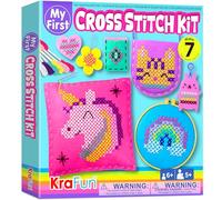 KRAFUN My First Cross Stitch Kit for Kids Ages 5-12, 6 Beginner Arts & Crafts Projects with Keyring, Bag, Pillow, Instructions, Felt Materials, Educational Gift for Girls & Boys, Learn Embroidery