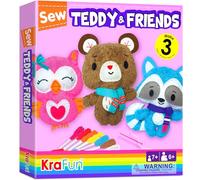 KRAFUN Sewing Kit for Kids Ages 7-12, Beginner Art & Craft Set with 3 Stuffed Animal Dolls (Teddy, Raccoon, Owl), Plush Felt Materials, Embroidery Supplies, and Instructions for Learning to Sew