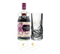 Kraken Black Cherry Rum Gift Set | Branded Tentacle-Themed Highball Collector's Tumbler + 2 Celebration Spirits Beer Mats