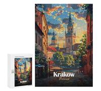 Krakow, Poland Cityscape Illustration - Wooden Brain Teaser for Adults, 300 PCS, Year-End Present - for Quiet Evenings And Focused Play