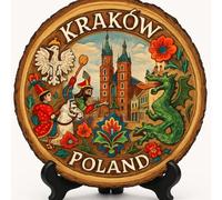 Kraków Souvenir Gift - Wood Slice Plaque for Wall or Table, Poland Souvenir for Tourists, Plate Collectors & Travel Lovers, Medieval Town Decorative Gift