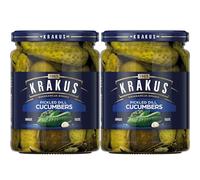 Krakus Pickled Dill Cucumbers 2 Jars - Sweet & Sour Taste - Crispy Gherkins - Delicious Condiment - Ready to Serve - 2 x 490g Glass Jar