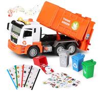 kramow Garbage Truck Toys with Sound and Light,12" Friction-Powered Trash Truck with 4 Trash Bins & Trash Cards, Push and Go, Toy Cars Gifts for Boys Girls Kids 3+ year old, Orange