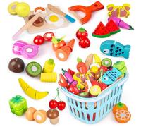 kramow Wooden Play Food Toys for Kitchen, Toddlers Cutting Fruits Vegetables, Play Kitchen Accessories with Carry Basket, Pretend Role-Play Educational Toys Gifts for Kids Girls Boys 3+ years old