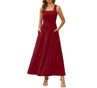 Kranda 2025 Summer Sleeveless Long Beach Sundress Square Neck Tank Top Tiered Maxi Dress with Pockets, Wine Red, M