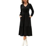 Kranda Women 2025 Fall Puff Long Sleeve V Neck Causal Flowy Pleated Ruffle Tiered Midi Dress with Pockets, Black, M