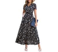 Kranda Women 2025 Summer Collared V Neck Short Sleeve Button Down Chiffon Long Tiered Floral Maxi Dress with Pockets, Black, M
