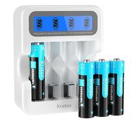 Kratax Rechargeable 1.5 V Lithium AA Battery, 3500 mWh High Capacity, 1600 Long Cycles, 4 x AA Lithium Batteries with LCD Charger, Suitable for Blink Camera VR/AR Headset Xbox Controller