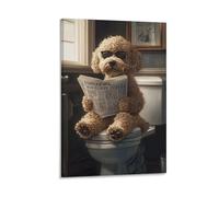 KraTzart Dog Wall Art Reading A Newspaper on The Toilet Funny Animal Bathroom Posters Abstract Teddy Golden Retriever Pet Bathroom Wall Art Canvas Print Living Room Decor Gift 12x18inch Frame