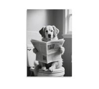KraTzart Funny Dog bathroom Wall Art Golden Retriever Reading Newspaper on Toilet Abstract Black And White Animal Bathroom Poster Canvas Print Room Bathroom Living Room Decor Gift 08x12inch Unframe