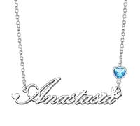 Kraven Personalized Dainty Name Necklaces Blue Birth Stone Custom Engraved Initial Nameplate Pendant Choker Customized Birthday Mother Christmas Gifts for Women Girls Teen Daughter (Anastasia)