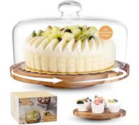 Krbnk Glass Cake Stand with Dome Lid - 12" Rotating Acacia Wood Cake Plate with Lid, Wedding Cake Holder for Birthdays, Kitchen, Party Display, Charcuterie Tray