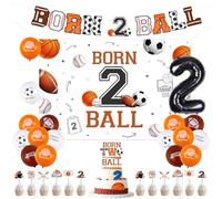 krea4joy Born 2 Ball Birthday Decoration Boy, Sports Theme Backdrop Banner Cake Cupcake Topper Foil Balloon for Basketball Football Soccer Baseball Born Two Ball 2nd Birthday Decoration