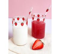 Kreapa strawberry cups 2 Sets Cute glass strawberry cups 300ML straw glass cups, Cute strawberry pattern glass bottles for water milk tea, coffee juice tea cups (2pcs)
