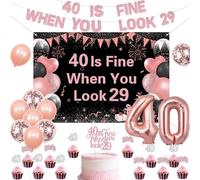 kreat4joy 40 is Fine When You Look 29 Birthday Decorations Rose Gold Backdrop Banner Cake Cupcake Topper Latex Foil Balloon for Her Woman 40th Birthday Decorations