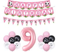 kreat4joy 9th Football Birthday Decorations for Girls, Pink Football Happy Birthday Banner Bunting, Black White Go Team Balloons Pink Number 9 Foil Balloon for Girls Sports Theme Birthday Party