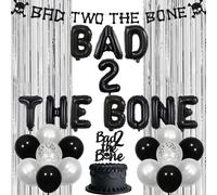 kreat4joy Bad Two The Bone Party Decorations Boy, Music Theme 2nd Birthday Decorations, Black Silver Balloons Banner Cake Topper Fringe Curtain for Skeleton Rock and Roll Birthday Party