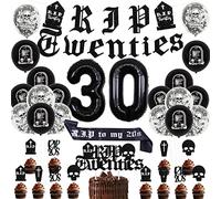 kreat4joy Black 30th Birthday Decoration, 'Death to My Twenties' Party Pack, Unisex, Includes 1pc Banner, 1pc Balloon, 1pc Cake Topper, 1pc Sash, 12pcs Cupcake Toppers, 16pcs Balloons, 32 Pieces Total