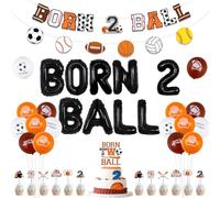 kreat4joy Born 2 Ball Birthday Decoration, Sports Theme Banner Garland Cake Cupcake Topper Foil Balloon for Basketball Football Soccer Baseball Born Two Ball 2nd Birthday Decoration